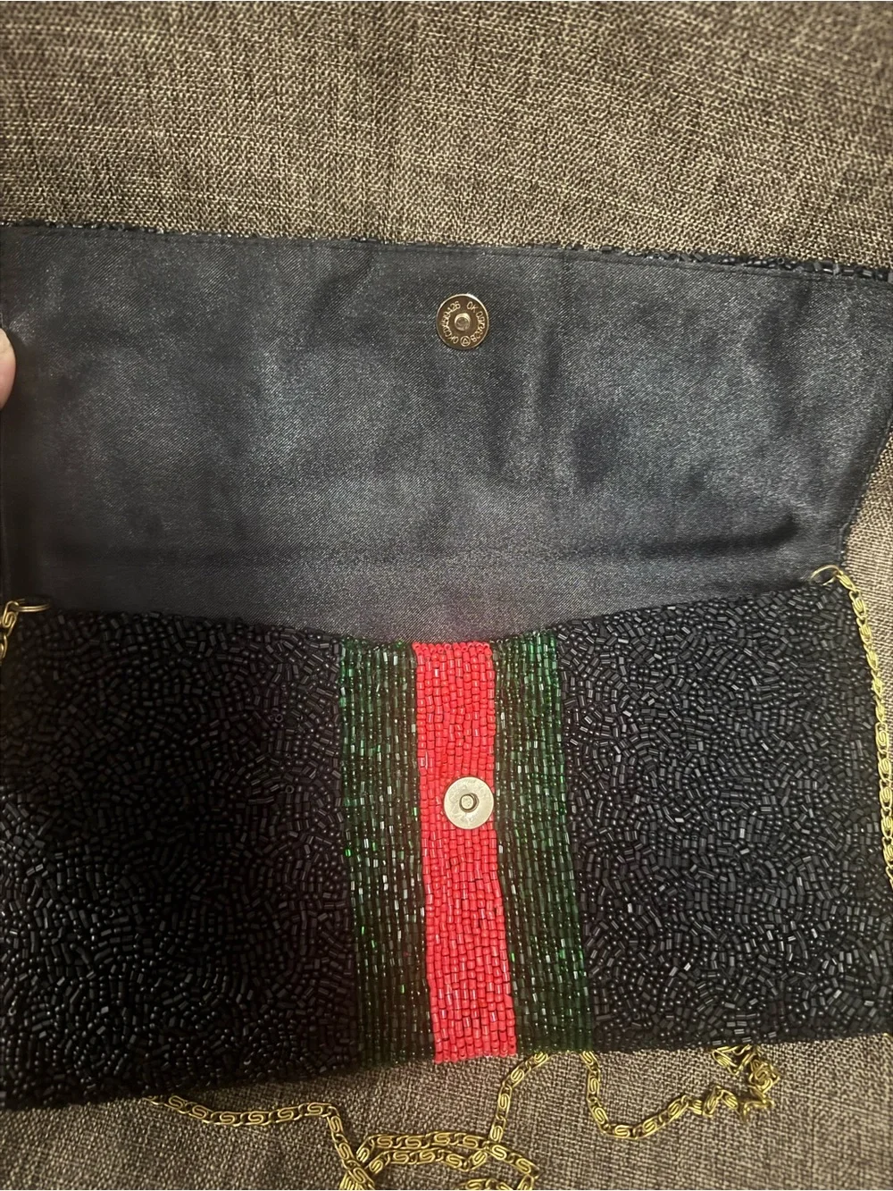 Moyna Black Beaded Clutch with Gold Bee and Red-Green Stripe